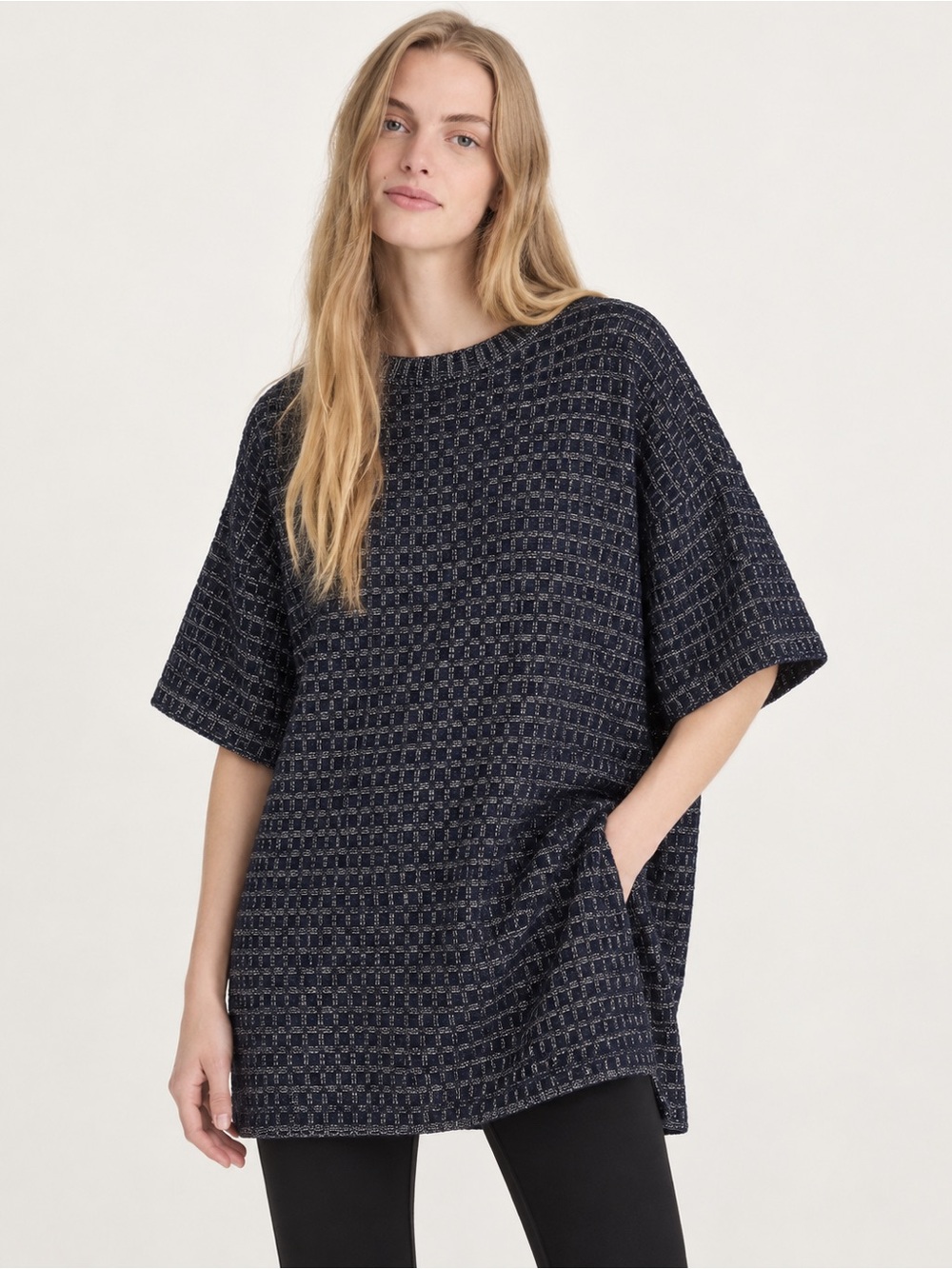 ZARW Metallic Navy Silver Oversized Knit Tunic Top NWT Small